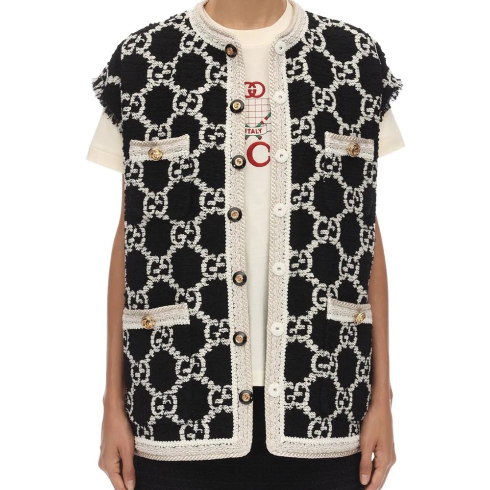 Gucci GG Logo Sweater Vest Coat Jacket Oversize  
Tweed Vest Black white - Picture 5 of 10